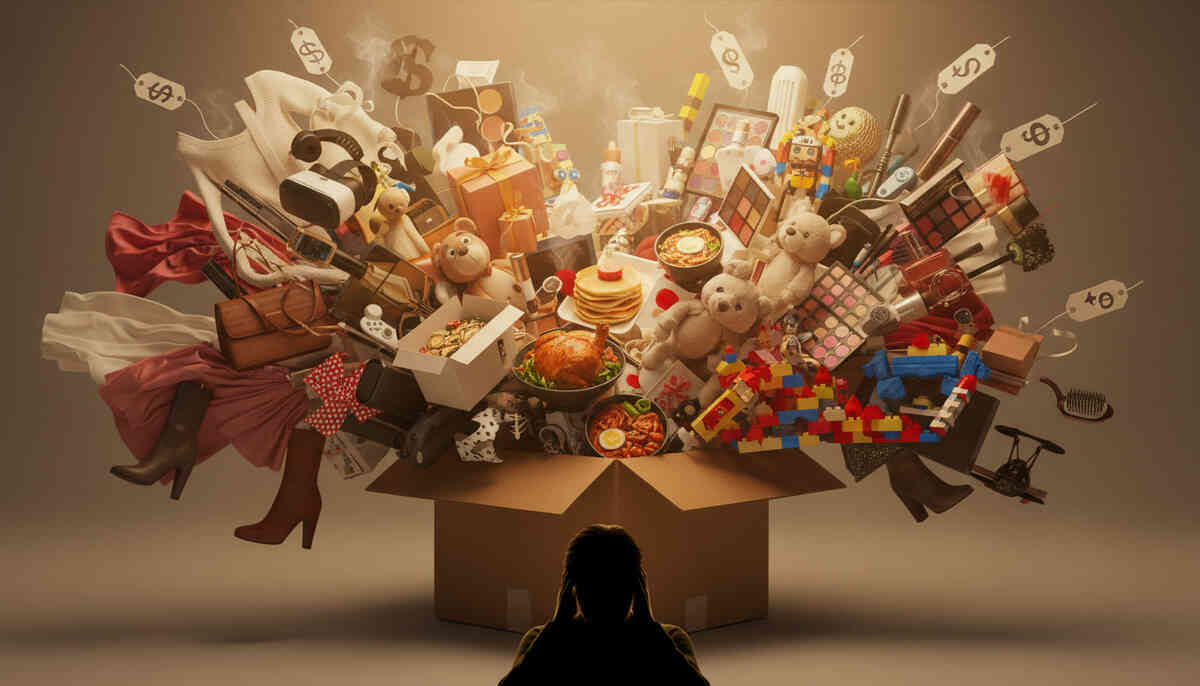 Silhouette staring at a gigantic open box exploding with clothes, gadgets, toys, cosmetics, food and gift sets, all tagged with price labels—overwhelming Amazon Christmas deal categories in one dreamy, greedy holiday blast