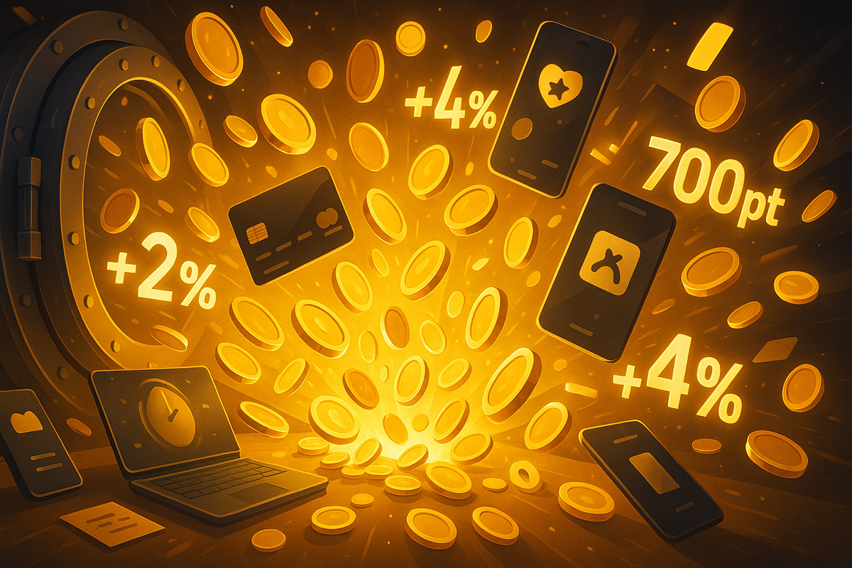 Golden vault bursting open with flying coins, credit cards and smartphones, glowing numbers like “+2%,” “+4%,” “700pt” swirling in the air—maximizing Amazon Christmas points, jackpot rewards and intoxicating savings energy