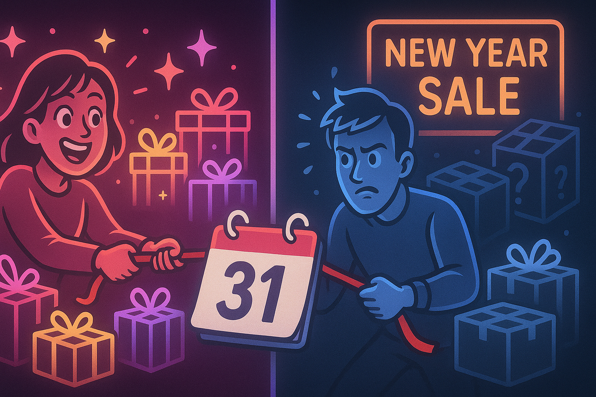 Neon split screen: joyful woman pulled toward a field of Christmas gifts, worried man tugging the calendar toward a “NEW YEAR SALE” sign with mystery boxes—emotional tug-of-war between buying now or waiting for the next big sale