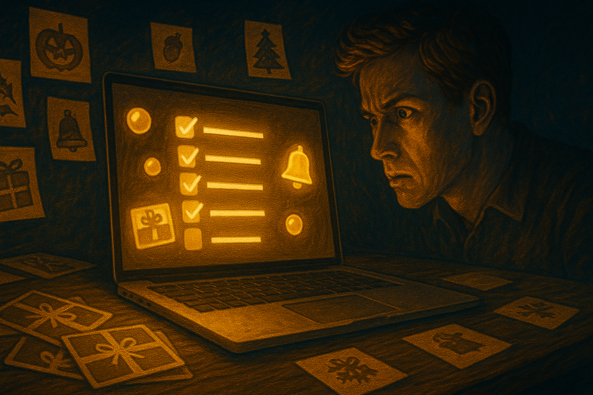 Serious night-owl shopper glaring at a laptop glowing with checklist icons, alert bell and gift symbol, desk covered in holiday doodles and gift cards—pre-sale preparation mood, determined not to miss a single Amazon Christmas deal