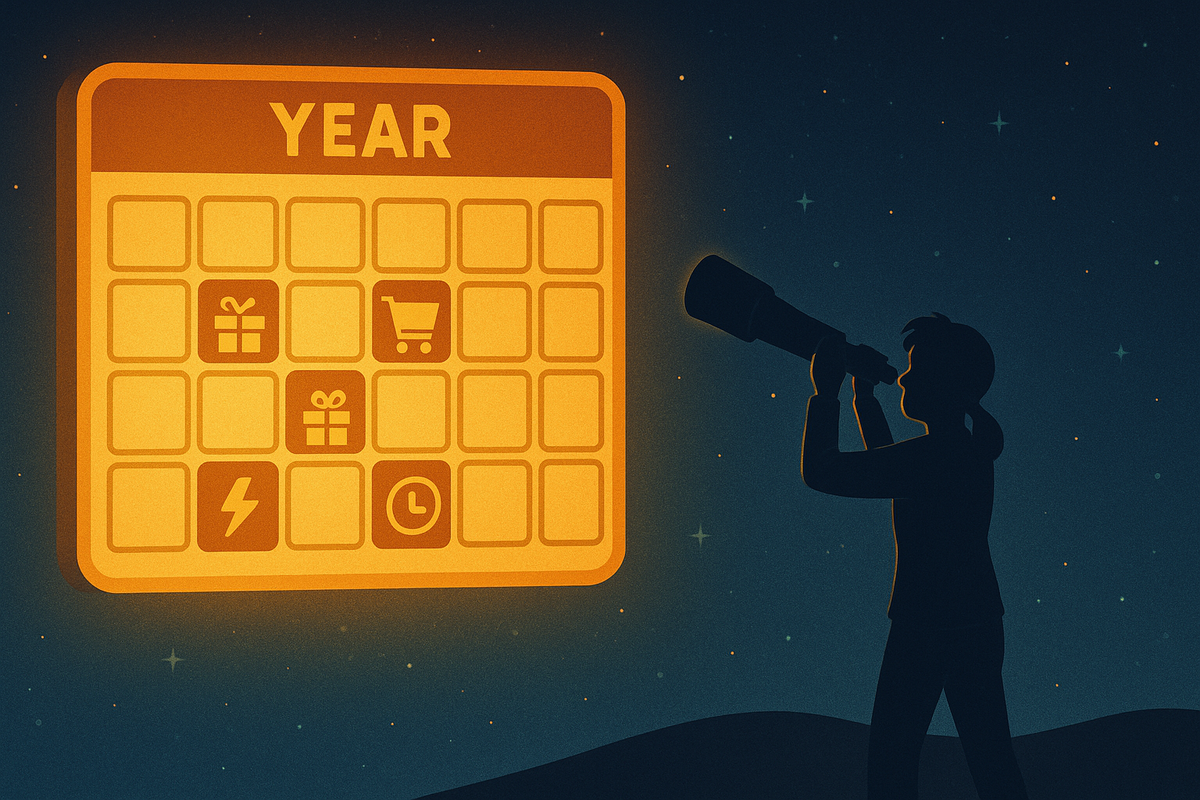 Person on a hill using a telescope to study a giant glowing yearly calendar in the sky, marked with gift boxes, cart icons, lightning deals and a clock—planning Amazon sales for the whole year, calm strategic stargazing for bargain hunters