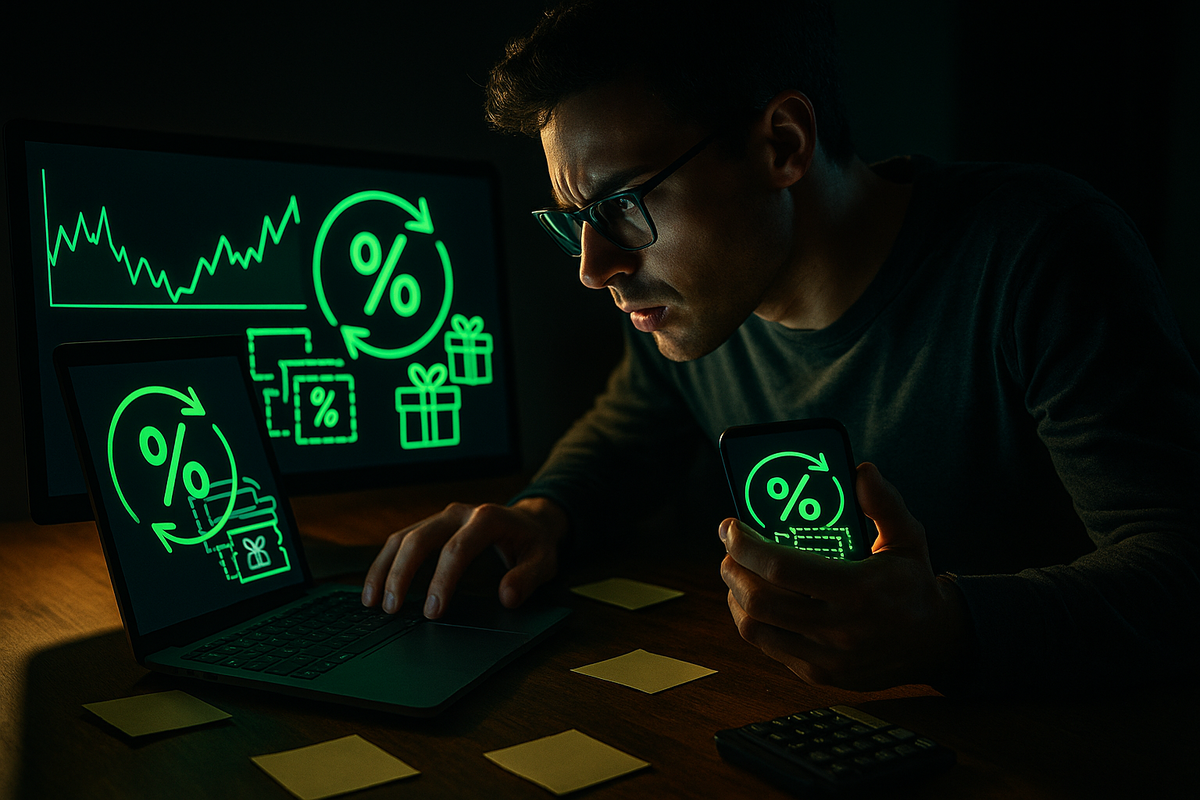 Focused late-night shopper leaning over laptop, monitor, and smartphone filled with neon green % icons and price graphs—intense deal-hacking mood, quiet dark room, strategic Amazon discount hunting with analytic, almost obsessive energy