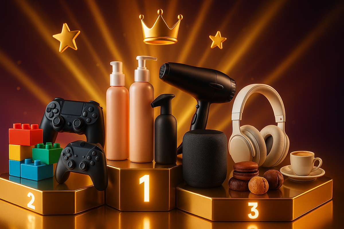 Golden podium ranking of gift ideas—building blocks and game controllers in second place, sleek beauty bottles and hair dryer in first, headphones and gourmet sweets in third—with crown and stars glowing above, triumphant Christmas top-picks vibe for Amazon shopping