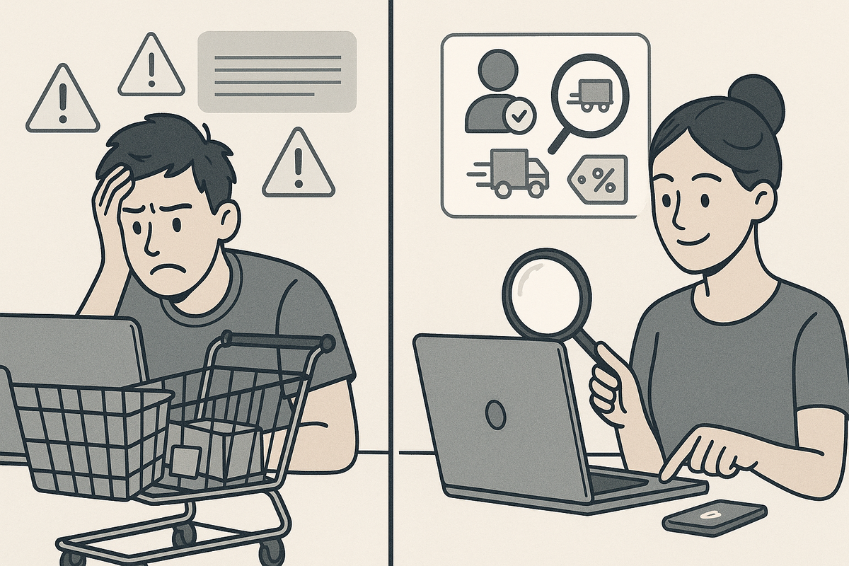 Split-screen illustration: stressed shopper with a messy online cart and warning triangles on the left, calm buyer with magnifying glass checking seller, delivery, and discount icons on the right—emotional contrast between regretful mistakes and smart,安心 shopping checks