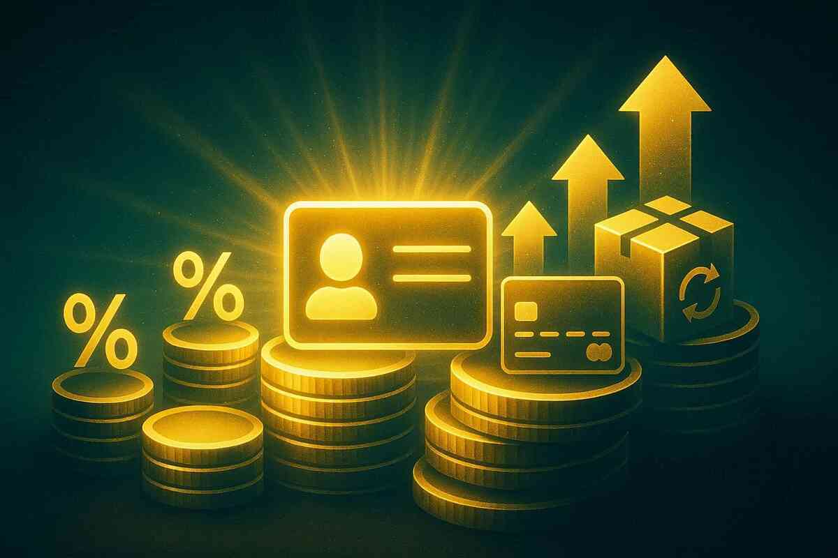 Glowing golden coins stacked high with a radiant membership card, credit card, % symbols, parcel and recycle arrows, and bold upward arrows—dramatic visualization of Prime perks, point boosts, and auto-delivery savings rising together, rich and hopeful money-energy