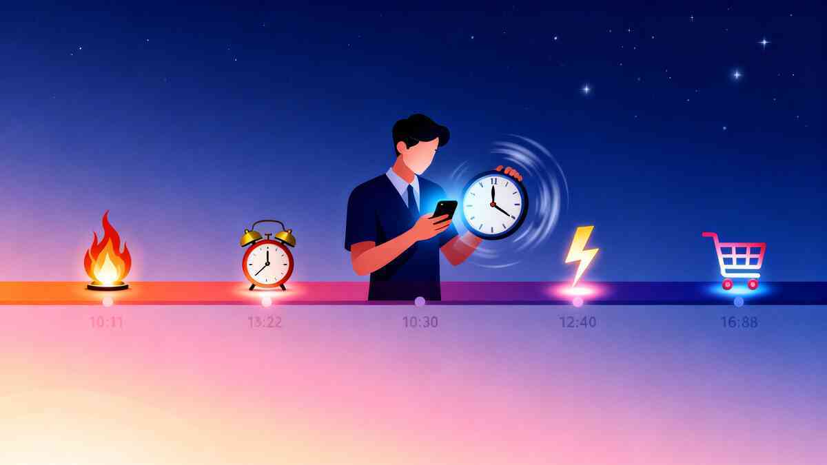 Stylish day-to-night timeline under a starry sky: fire icon, alarm clock, man holding a glowing clock and smartphone, lightning bolt, and shopping cart—emotional story of timing your Amazon Christmas deals perfectly, from hot early offers to last-chance checkout