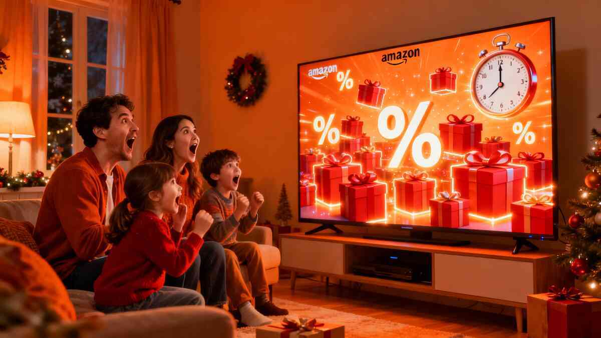 Shocked joy at discovering a massive Christmas bulk-buy sale online, discounts and countdown dominating the room.