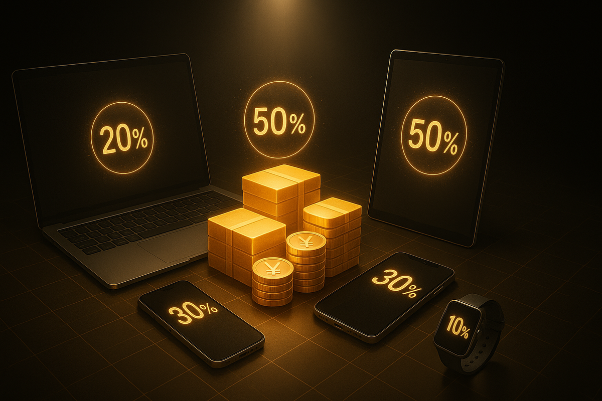 Dark stage with premium laptop, tablets, smartphones, and a smartwatch encircling stacks of glowing yen coins, each screen showing 10–50% numbers—dramatic golden visualization of different cashback rates and gift-card bonuses, intense “how much can I save?” mood
