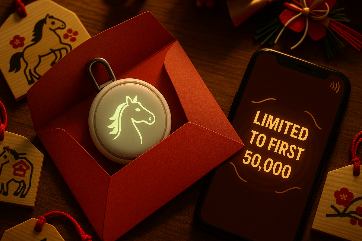 Close-up of a glowing horse-year tracker charm tucked inside a red envelope beside ema plaques and a smartphone saying “limited to first 50,000”—rare New Year bonus item, cute but urgent collector’s FOMO, festival warmth and exclusivity