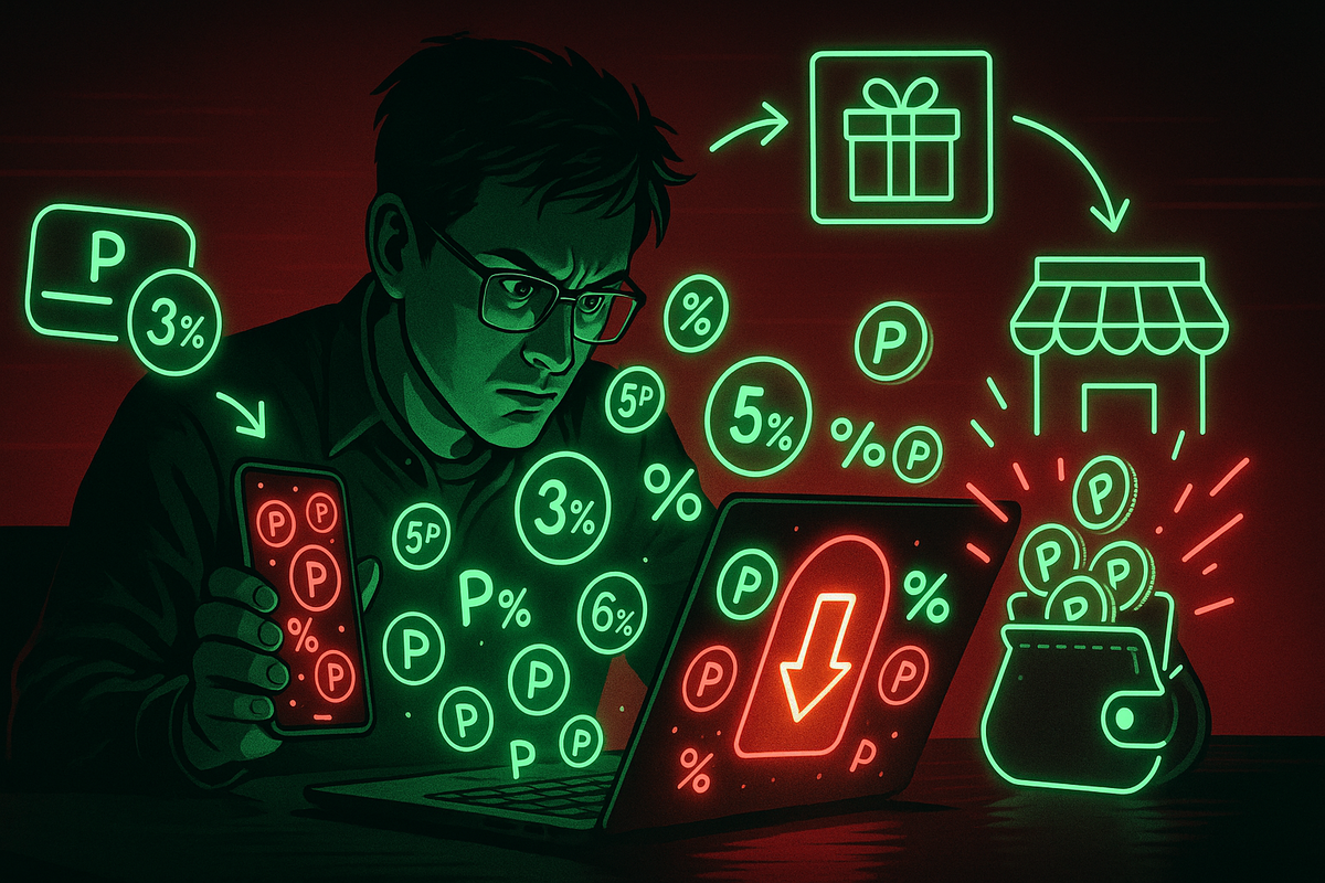 Serious night-owl points hacker glaring at laptop and smartphone as neon green P icons and 3–6% symbols swirl toward a bursting coin wallet and gift box—hyper-focused cashback strategy, electric tension between effort and massive rewards