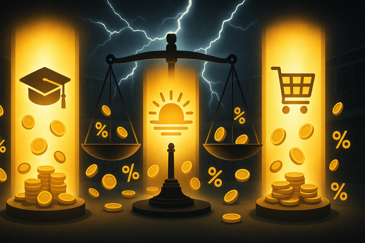 Three golden pillars under stormy lightning: graduation cap with coins, sunrise icon on a weighing scale, and shopping cart with % signs raining down—epic battle between student discount, New Year sale, and online store prices, powerful “which is truly cheapest?” comparison energy