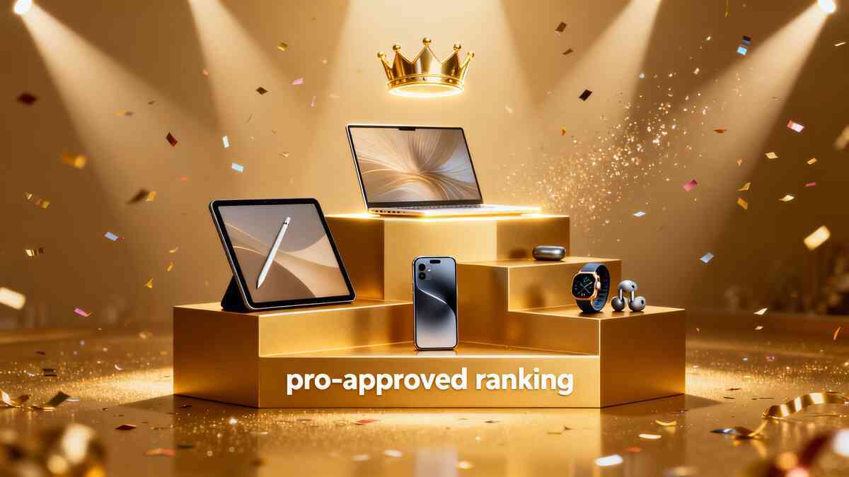 Luxurious golden podium showered in confetti, with sleek laptop on the top tier, tablet with stylus, smartphone, smartwatch, and wireless earbuds lined up below—pro-approved ranking of best-value devices for the New Year sale, celebratory and irresistibly aspirational mood
