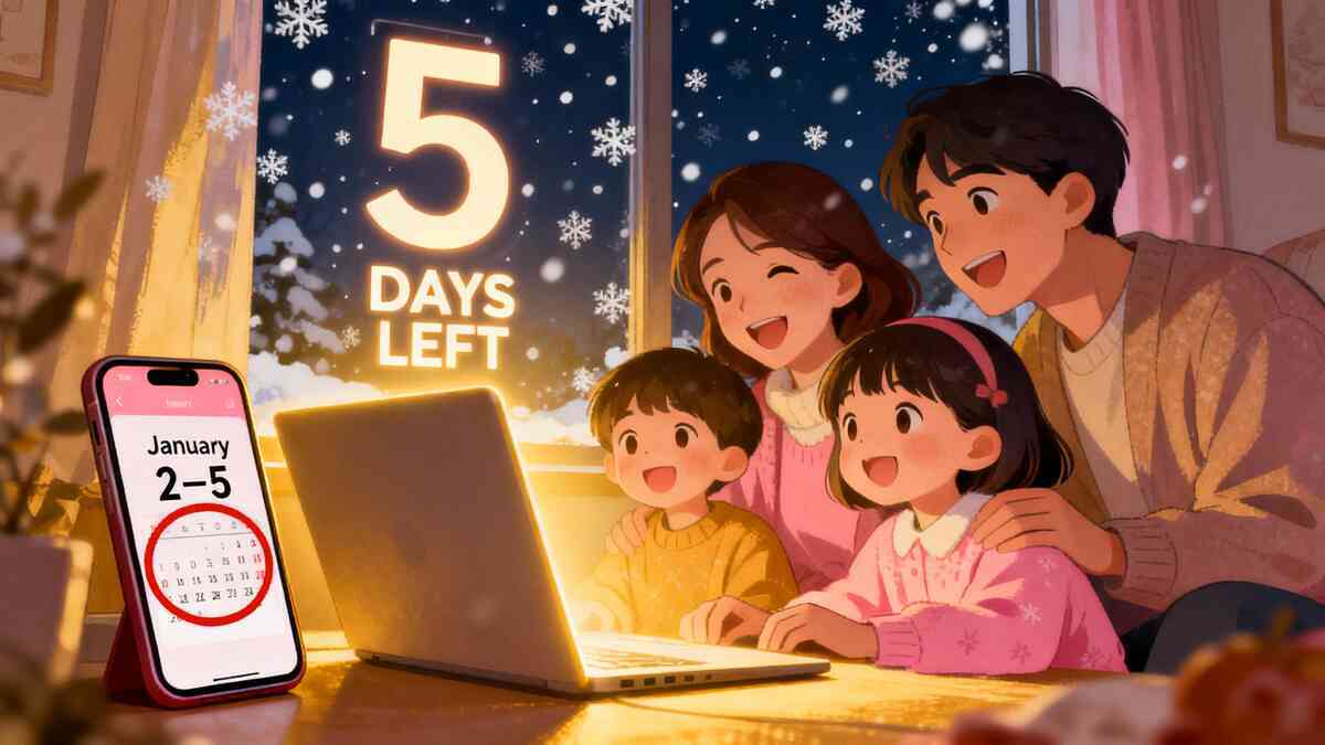 Emotional first look at the 2026 Apple New Year sale dates—family waiting for the only big official sale of the year, full of anticipation and fear of missing out.