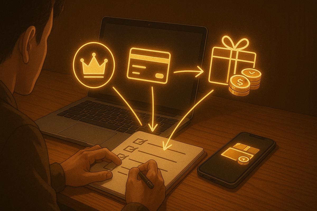 Focused shopper at a wooden desk writing a checklist while golden icons of a crown membership badge, credit card, and gift with coins float from laptop to notebook and smartphone—calm, strategic pre-sale ritual turning anxiety into confident savings power