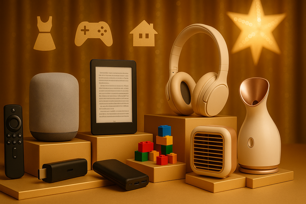 Luxurious golden stage lined with streaming stick, smart speaker, e-reader, headphones, beauty steamer, mini heater, bricks, and power bank, with icons for fashion, gaming, and home glowing above—dreamy Christmas lineup of must-buy categories in one irresistible frame