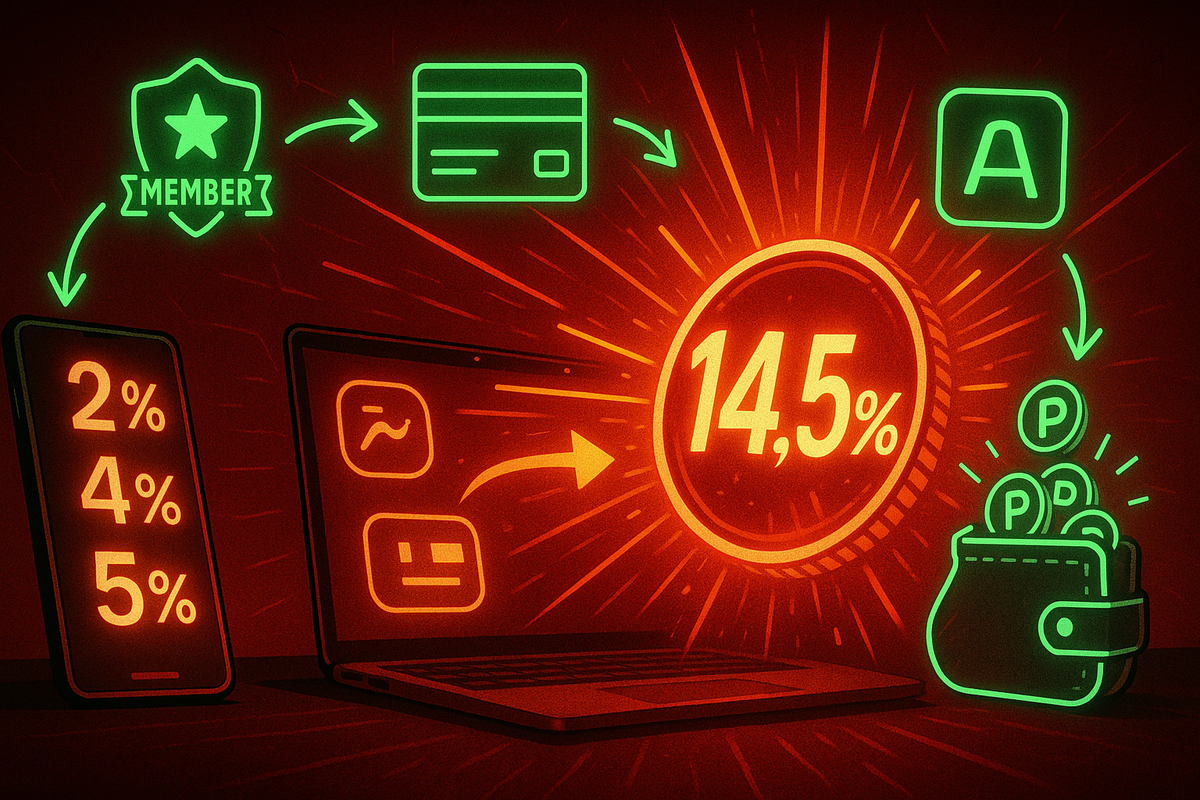 Neon red-and-green cashback diagram: membership shield → credit card → shopping app, smartphone showing 2–5% stacking into a huge blazing 14.5% coin that shoots points into a glowing wallet—explosive visualization of maximum rewards, thrilling high-energy savings magic
