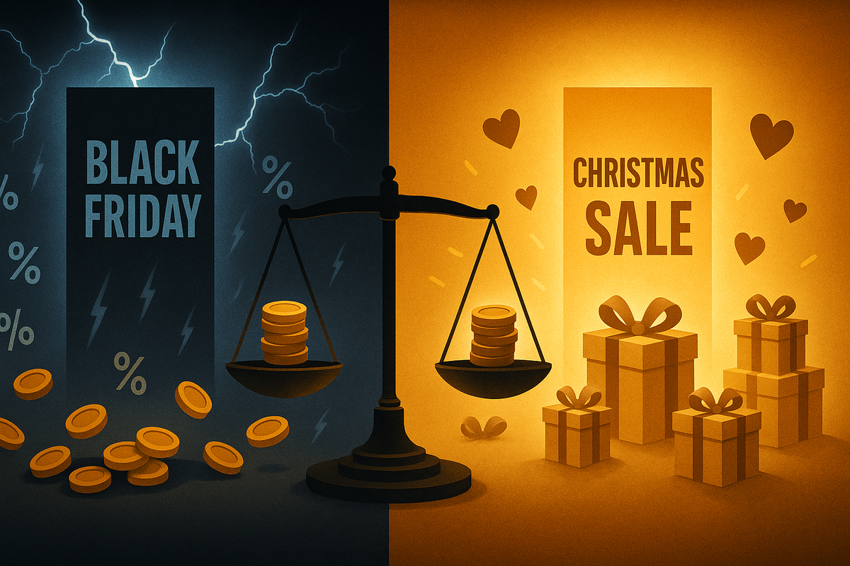 Dramatic split screen: stormy blue “Black Friday” pillar on the left, warm golden “Christmas Sale” pillar with gift boxes and hearts on the right, balance scale of coins in the center—emotional showdown of which seasonal sale really gives better value