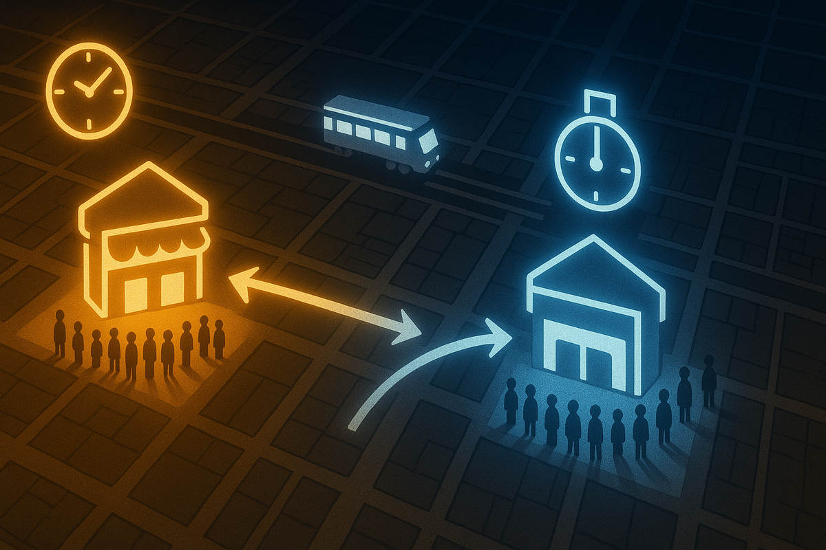 Abstract city map with two neon store icons—warm orange shop with a long queue and cool blue shop with a shorter line—arrows and clocks showing travel time and best arrival timing, strategic “which Shinjuku store first?” decision energy