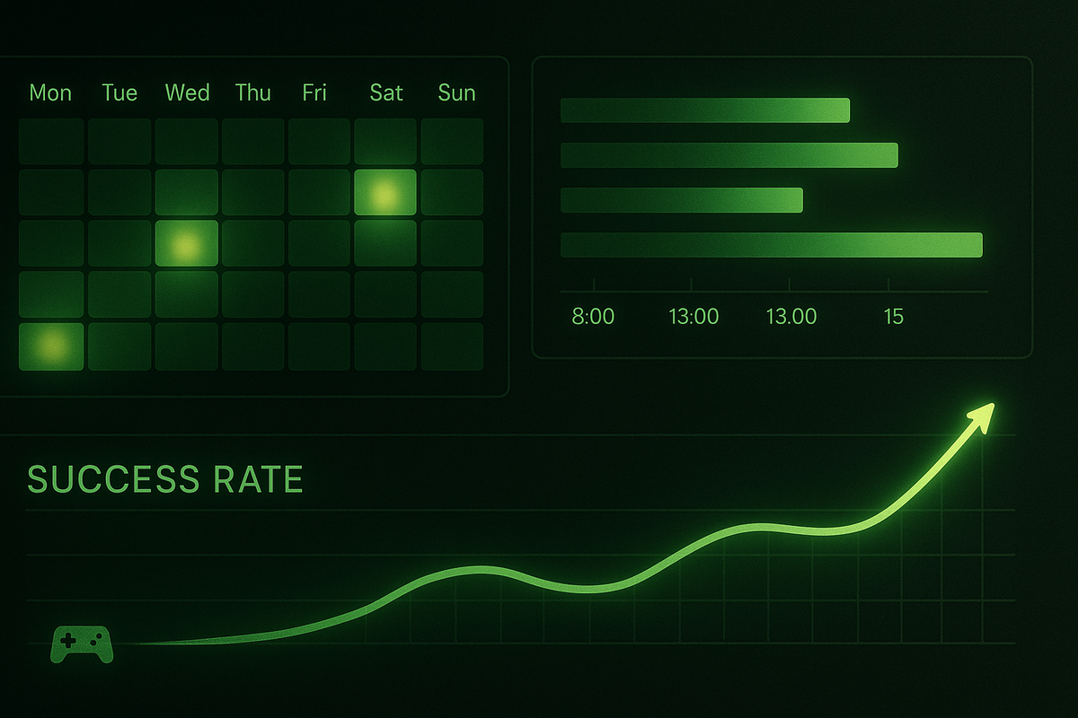 Futuristic green dashboard: weekday heatmap with bright hotspots on key days, bar chart of 8:00 / 13:00 / 15:00 sale windows, and a smooth SUCCESS RATE curve shooting upward—data-driven pattern analysis turning Switch2 hunting into a science