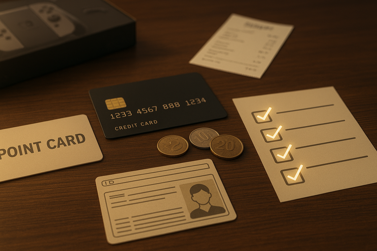 Warm wooden desk flat-lay: generic point card, sleek black credit card, ID card, coins, receipt, and a glowing checklist all lined up beside a blurred console box—calm but excited pre-store ritual, everything prepared so you can buy the Switch2 without panic