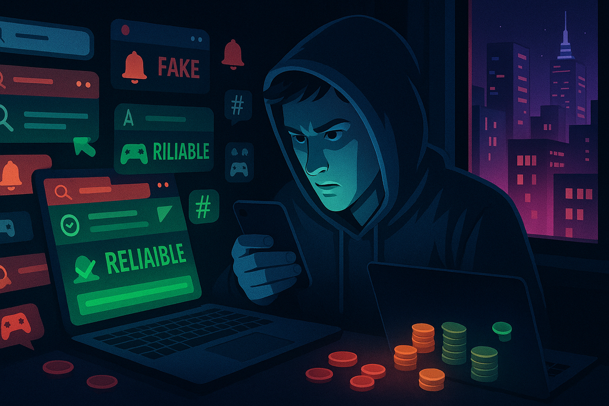 Hooded gamer in a dark room staring hard at their smartphone, laptop screens around them filled with neon “FAKE” and “RELIABLE” alerts, hashtags and bell icons floating like noise—tense but thrilling SNS verification battle to spot real stock info and avoid scams