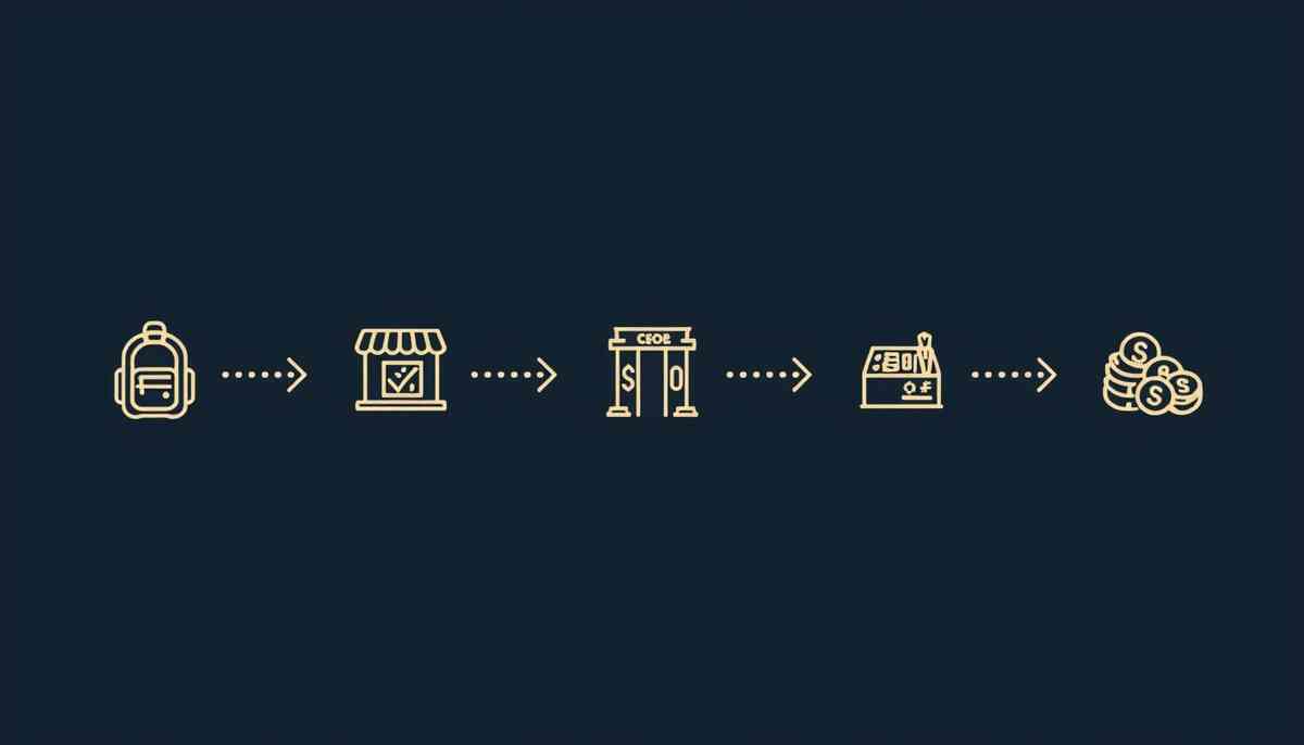 Minimal cream-colored line icons on deep navy: backpack → store with checkmark → big storefront → cash register → stack of coins, all connected by arrows—super clean flowchart of the Switch2 purchase journey from preparation to payment to sweet reward