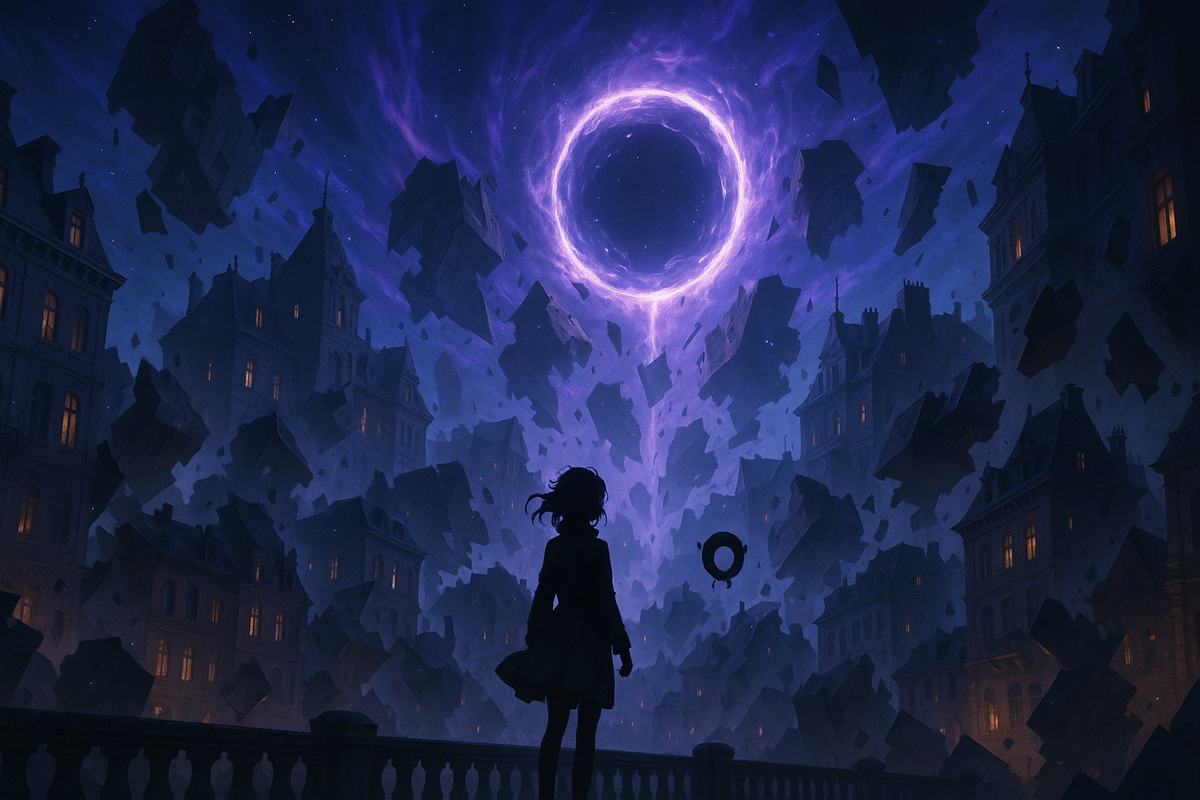 Silhouette of a girl facing a massive violet portal above a shattered floating city, night sky torn by energy vortex, wonder and fear intertwined—epic otherworld awakening, mystery and scale, emotional awe