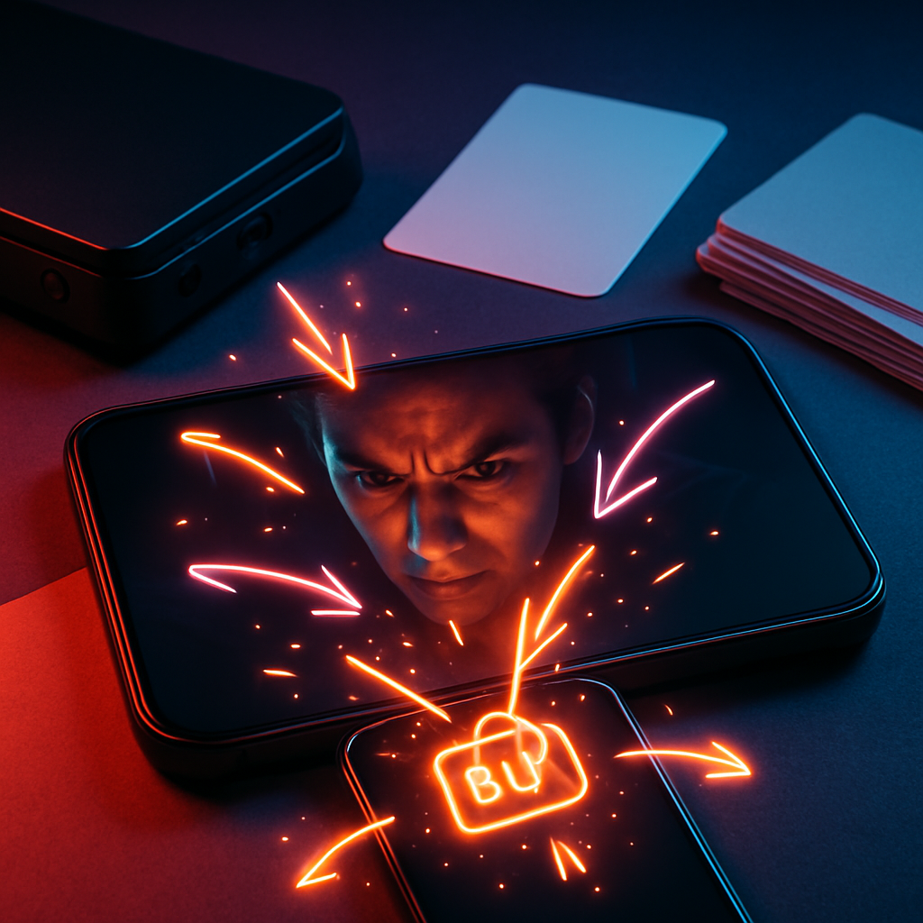 Focused gamer face reflected in smartphone screen glowing neon red, digital arrows pulsing toward a glowing “BUY” symbol—intense decision energy, heat of the deal, urgency meets determination
