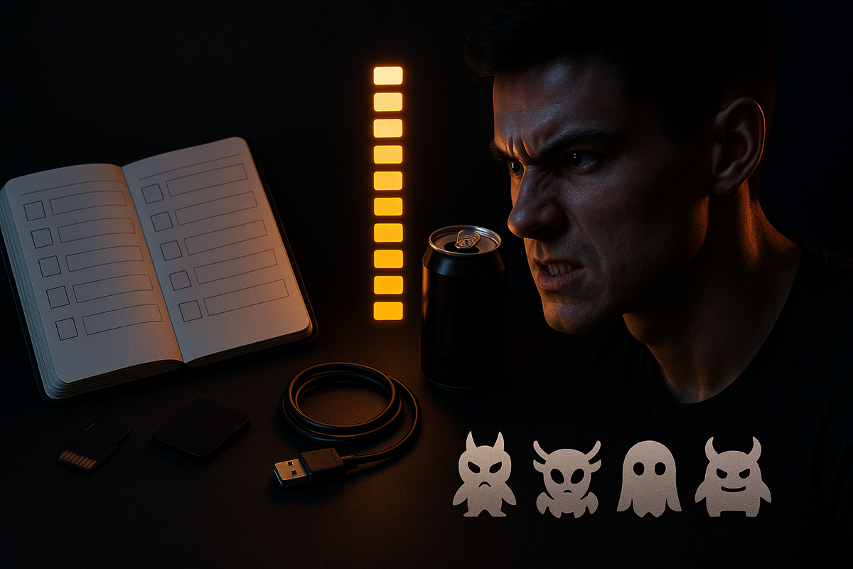 Angry determined gamer at desk lit by orange glow, checklist notebook, SD card, charging cable, drink can, monster icons lined up—battle-ready focus, preparation pressure, raw resolve before action