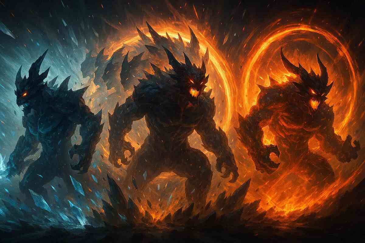 Three colossal elemental beasts emerging from fire and ice, molten energy and shards bursting outward—ferocity, evolution, unstoppable primal power, mythic clash energy