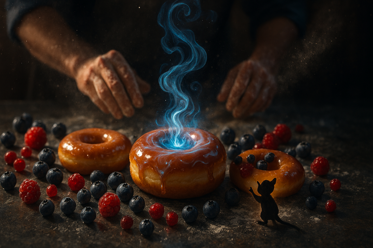 Hands shaping glowing donuts infused with blue magic smoke, surrounded by berries and a small curious creature—sweet enchantment, cozy wonder, the magic of creation captured in warmth and fantasy