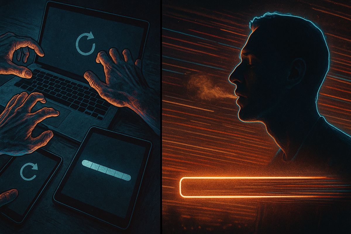 Frantic hands refreshing multiple glowing screens while a calm face exhales in slow motion—contrast of chaos and patience, neon heat and cold balance, pulse-pounding race to secure stock before it’s gone