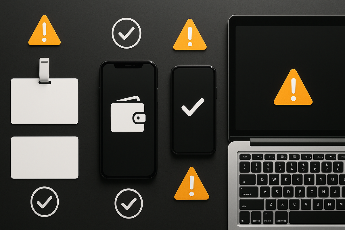 Perfectly arranged dark flat-lay of phone, laptop, ID cards, and warning triangles—precision, readiness, and quiet intensity before the storm, minimalist power of full preparation