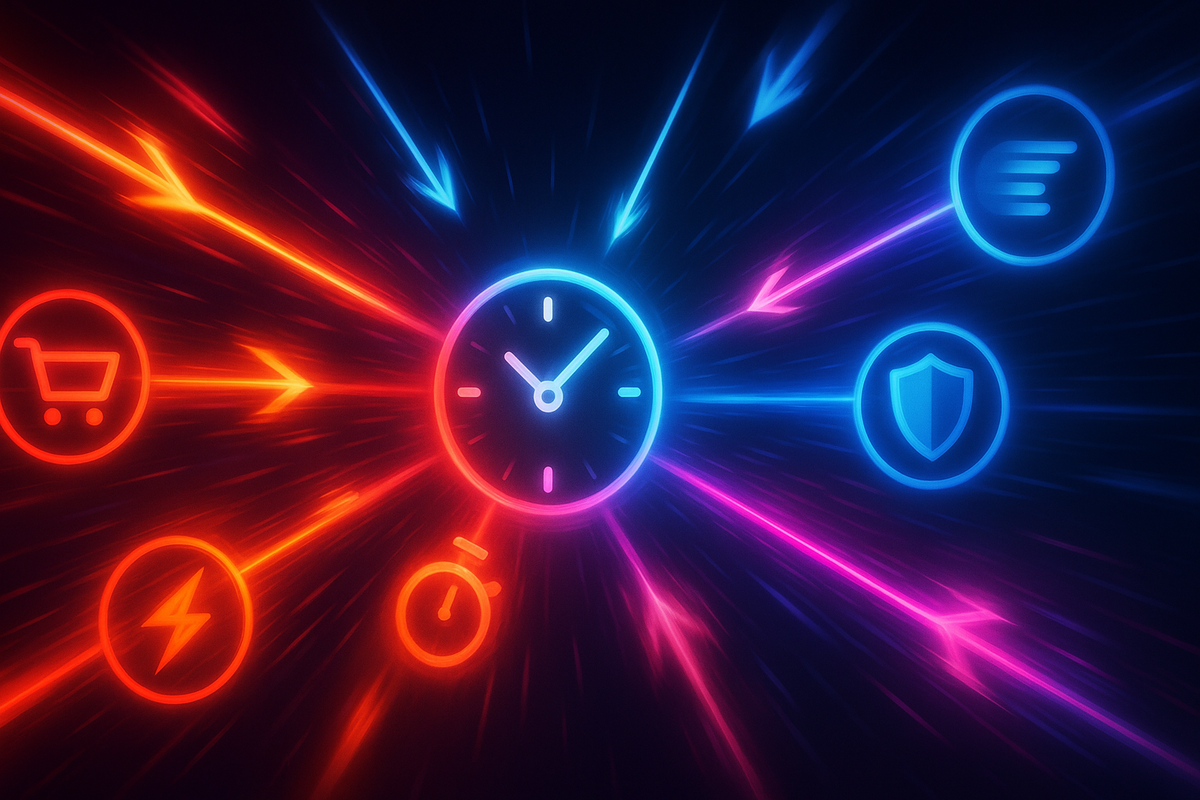 Explosive neon arrows converging on a glowing clock center—every second counts, speed and precision colliding in a storm of red and blue light, digital adrenaline visualized