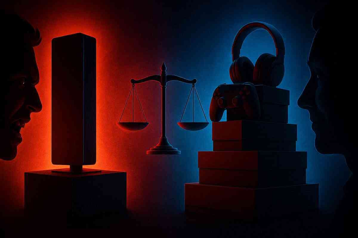 Fiery red vs cool blue showdown—console and accessories on one side, towering balance scale in the middle, two silhouettes in emotional standoff, decisive moment of choice and value
