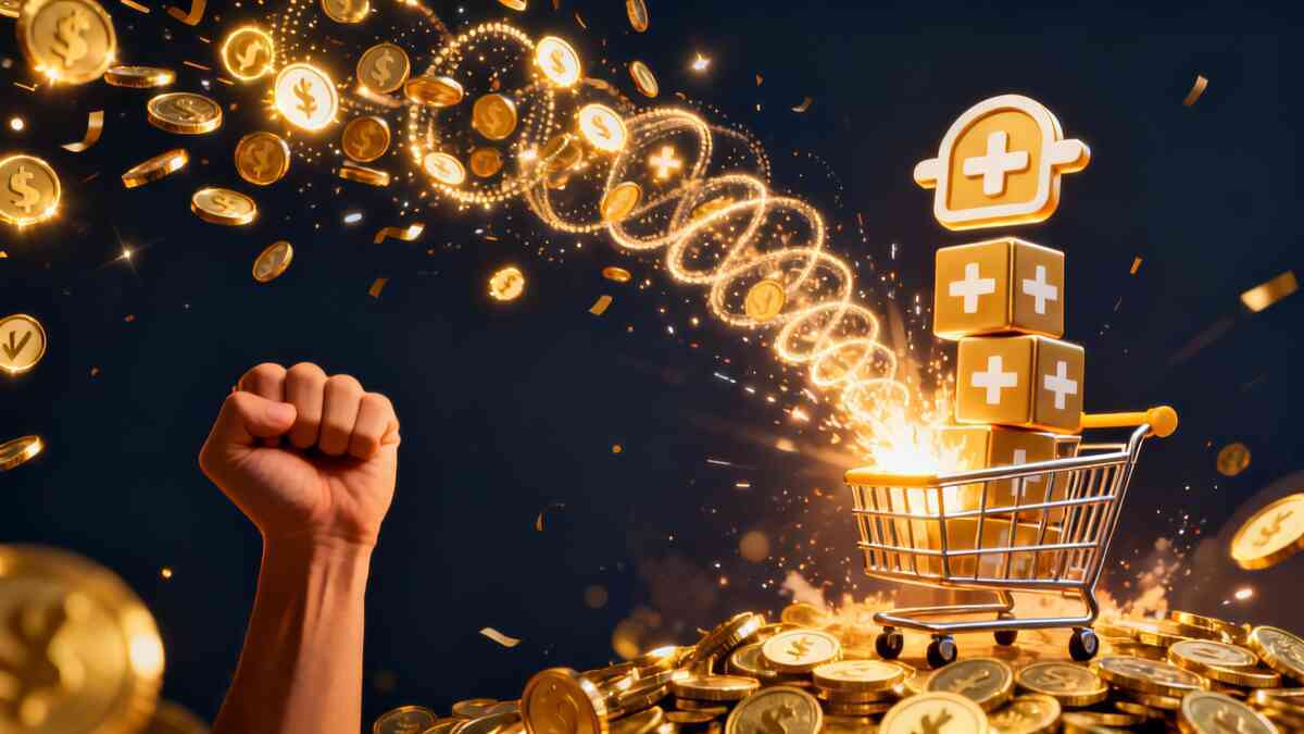 Triumphant fist above a cascade of golden coins swirling into a shopping cart of glowing plus blocks—victory, reward, and unstoppable energy of savings exploding under celebratory light