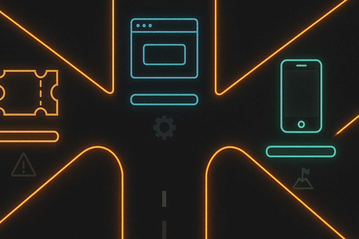 Three-way neon crossroads of buying options—ticket line, web checkout, and app entry lanes—decisive, high-stakes choice energy with a quiet sense of “pick the path that wins”