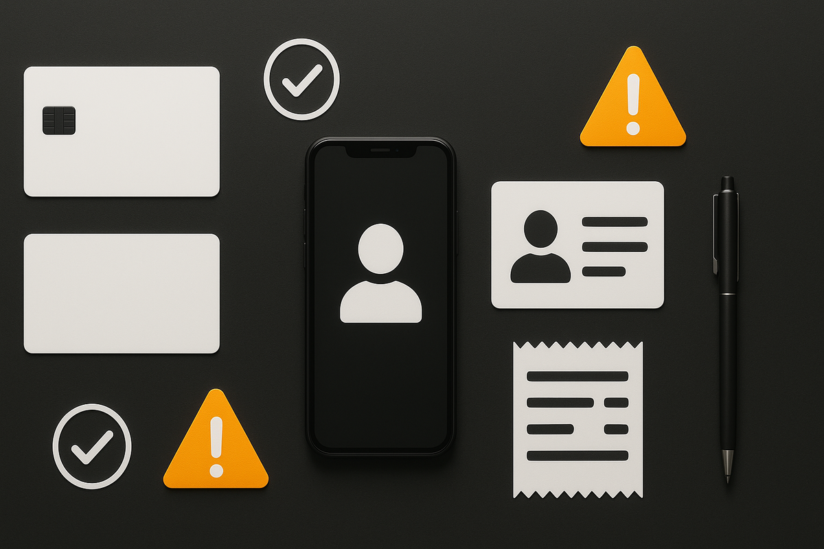 Minimalist readiness kit on a dark desk—blank card, phone profile icon, ID card, receipt, pen, checkmarks and warning triangles—calm precision, no-excuses preparation before the rush