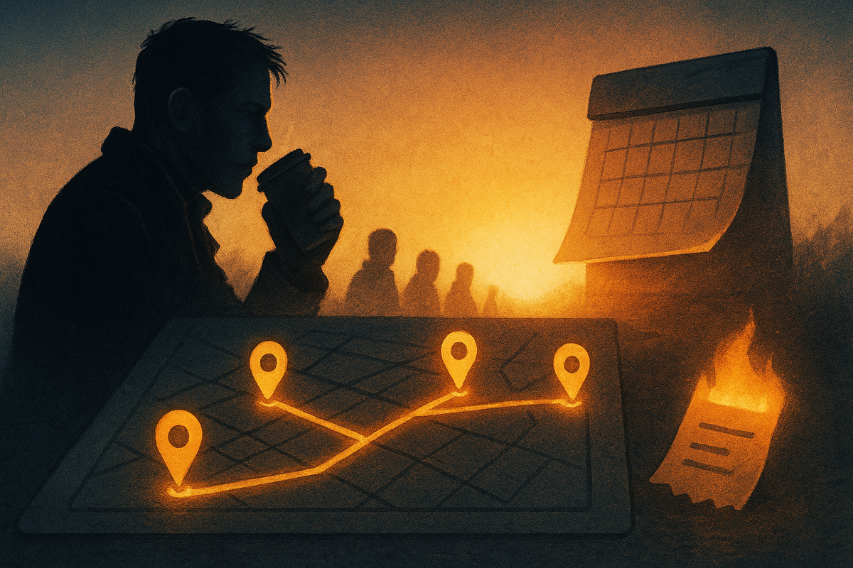 Determined silhouette sipping coffee at dawn beside a glowing route map and calendar—gritty patience, strategic focus, and stubborn hope while chasing the best store-to-store plan