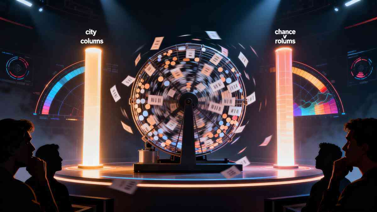 Spinning raffle drum blasting tickets into the air between two glowing chance columns—heart-in-throat suspense, data-driven tension, and the brutal thrill of lottery-like odds