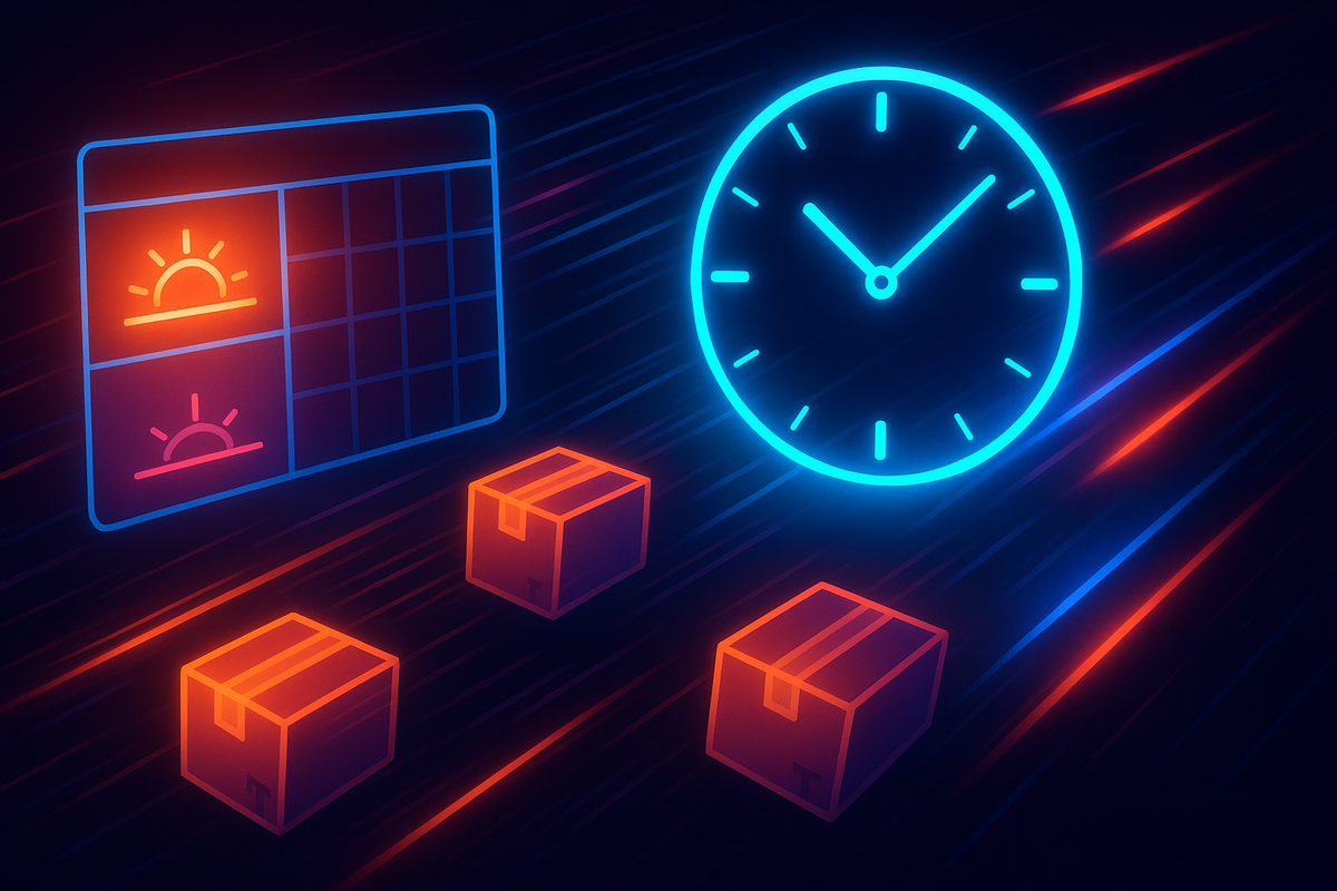 Neon clock and calendar icons racing past glowing delivery boxes—restock timing and delivery windows visualized, restless momentum and “every hour matters” pressure in electric light