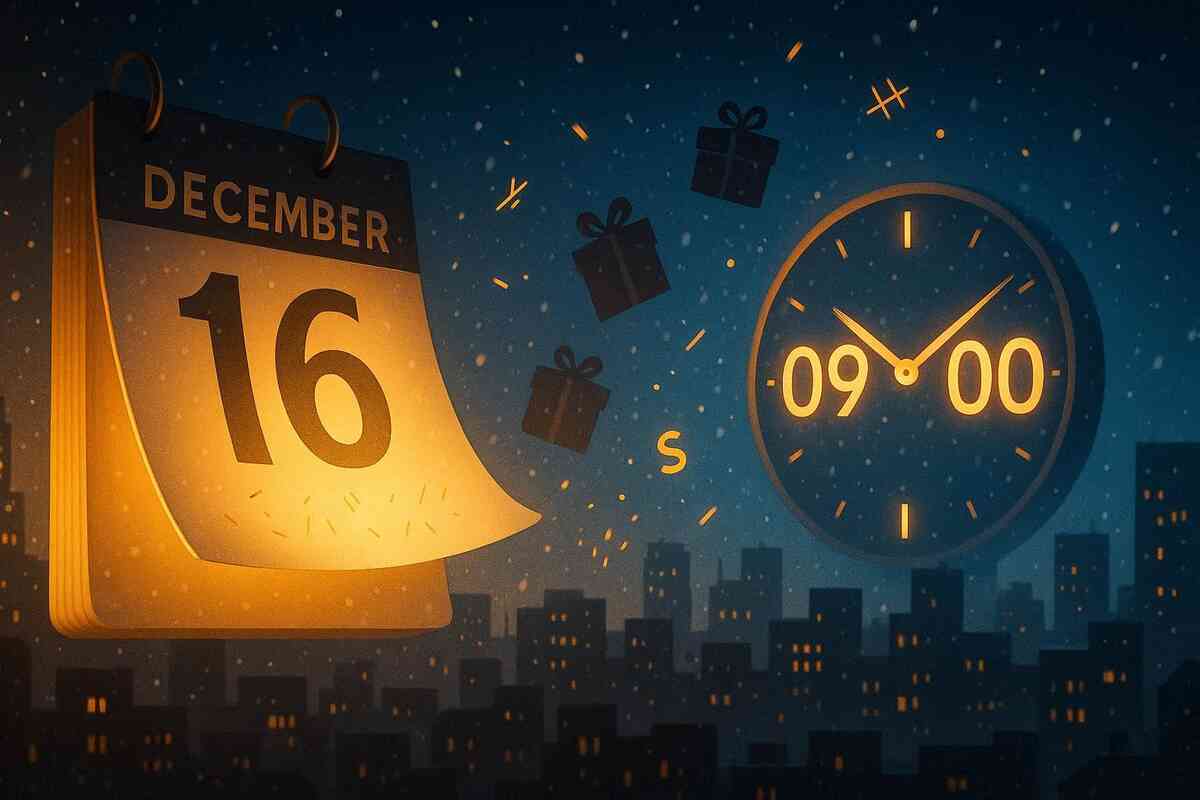 Snowy night countdown with a glowing December 16 calendar and a bold 09:00 clock—holiday deal anticipation, electric urgency, “don’t miss the opening minute” energy