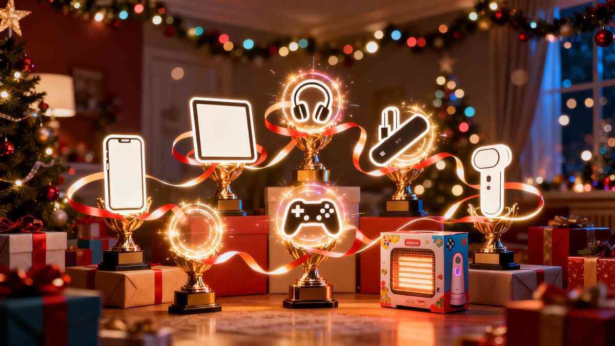 Festive living-room scene with trophy-like glowing gift-category icons—phones, tablet, earbuds, gamepad, and winter gadgets sparkling with wish-list excitement and joyful gift-hunt warmth