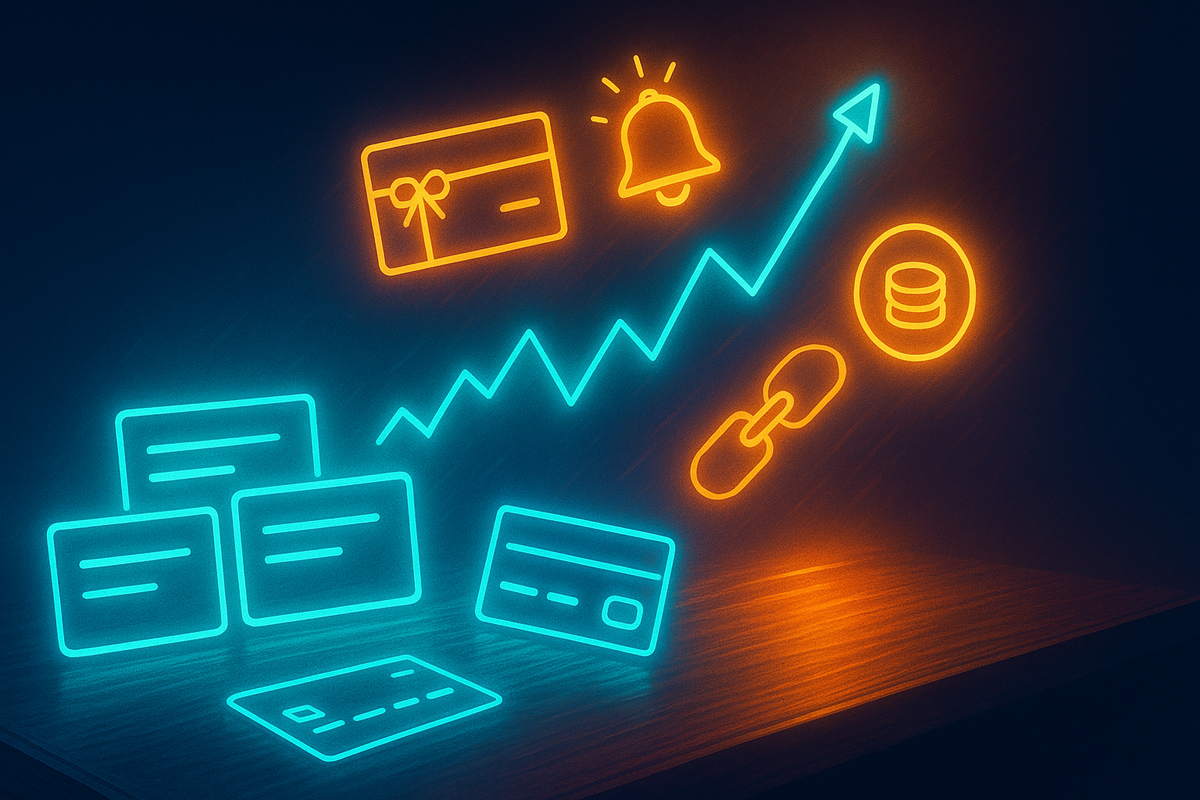 Neon strategy dashboard of cards, notifications, and rising reward graph—stacking cashback tactics, confident planning, and addictive “maximize every point” momentum
