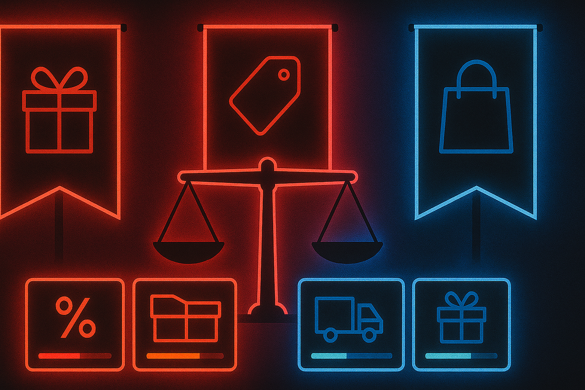 Three-way sale showdown with balance scales and icons for discounts, gifts, and shipping—clear-headed comparison with competitive intensity and decisive shopping clarity