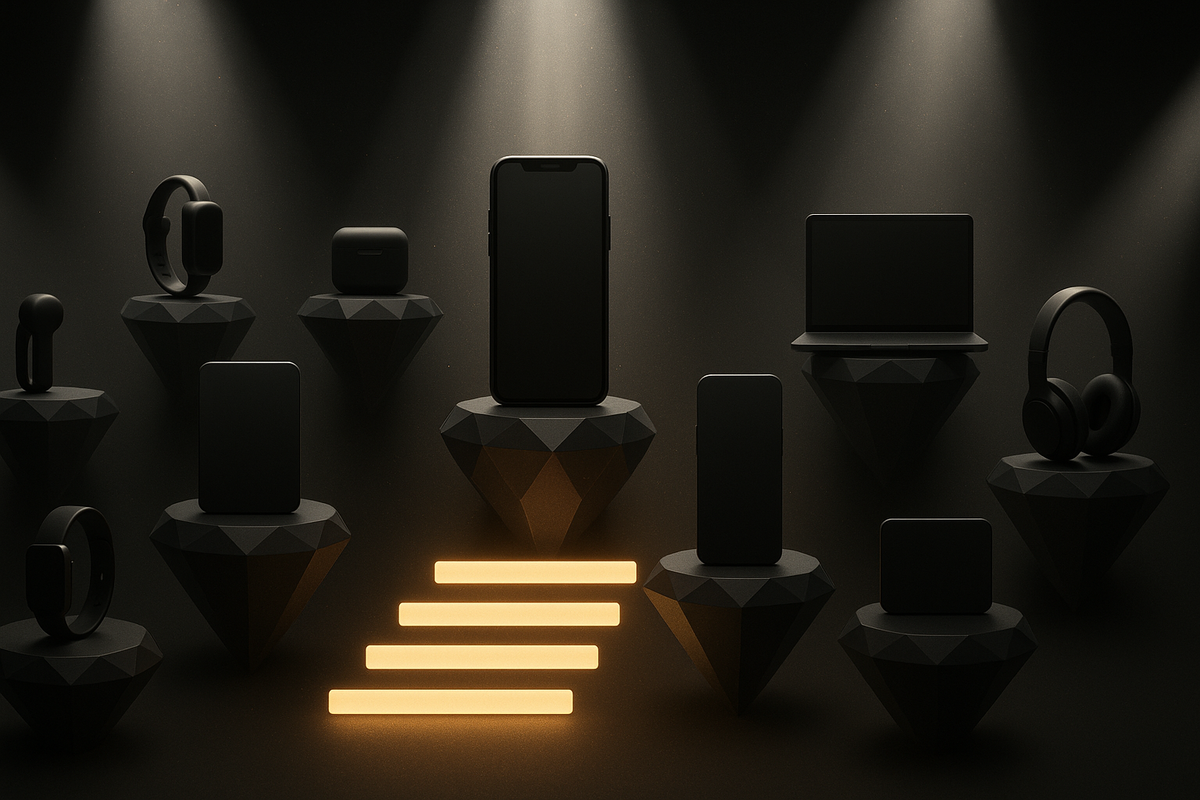 Spotlit “top picks” stage of unbranded tech silhouettes on dark pedestals—premium desire, irresistible hype, and thrilling “grab it before it’s gone” urgency