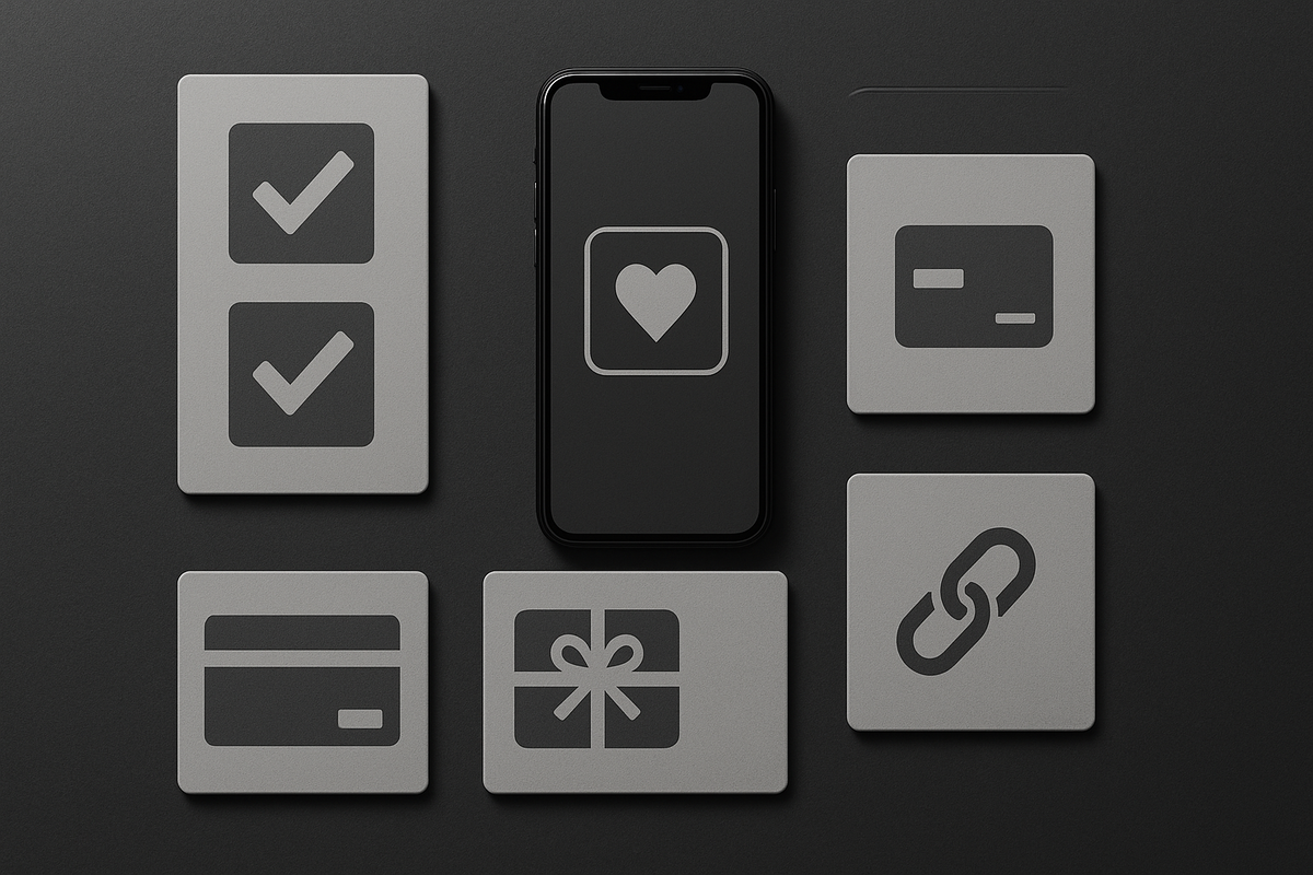 Minimal prep checklist grid with phone watchlist heart, cards, gift icon, and link symbol—calm control before the rush, no-regret readiness, confident click-to-buy focus