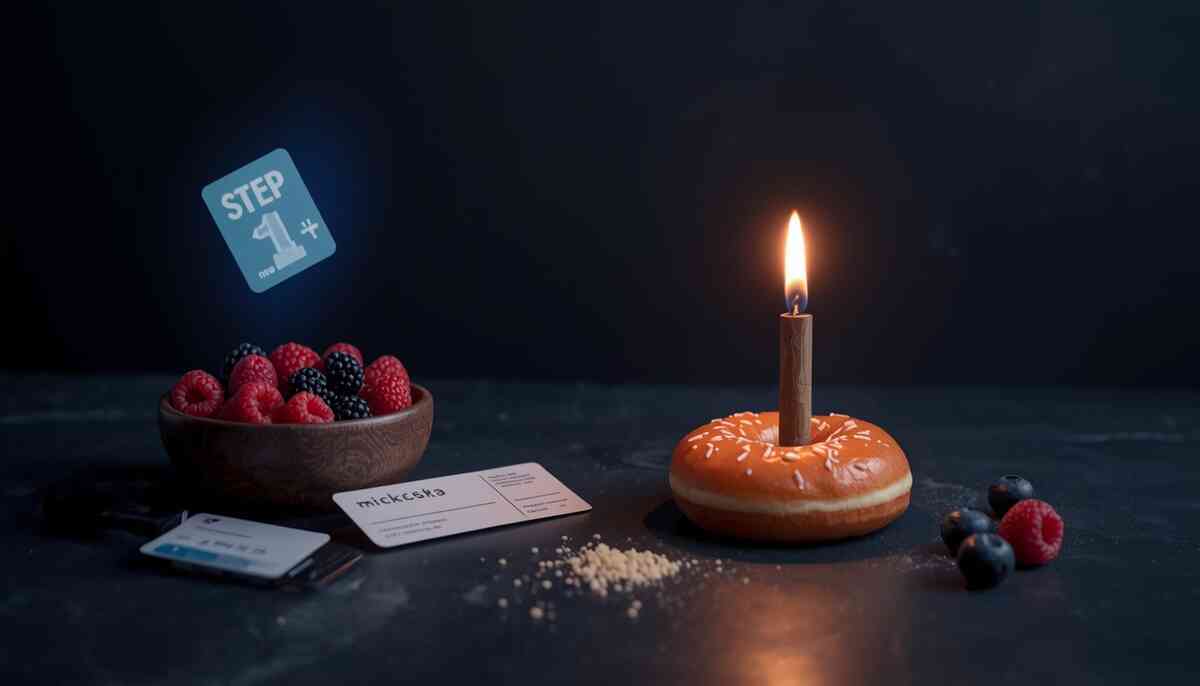 Candlelit donut on a dark tabletop beside berries and quest cards—crafting unlock moment, quiet focus, sweet anticipation before the grind begins
