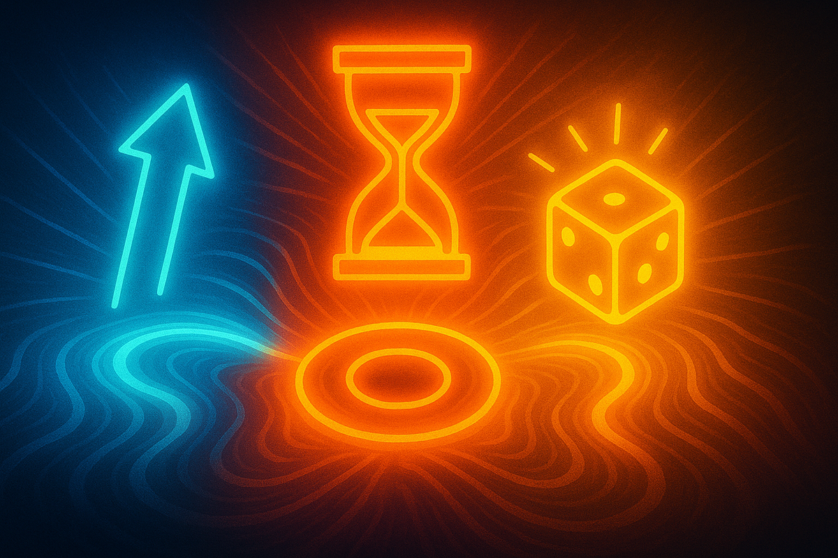 Neon symbols—level-up arrow, hourglass, and lucky dice glowing over a donut-shaped aura—buff stacking vibes, high-stakes momentum, adrenaline-ready optimism