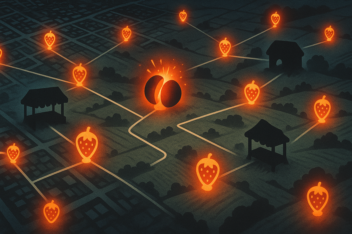 Night map traced with fiery berry markers and a cracked “core berry” at the center—ingredient route planning, hunter’s thrill, obsessive discovery glow